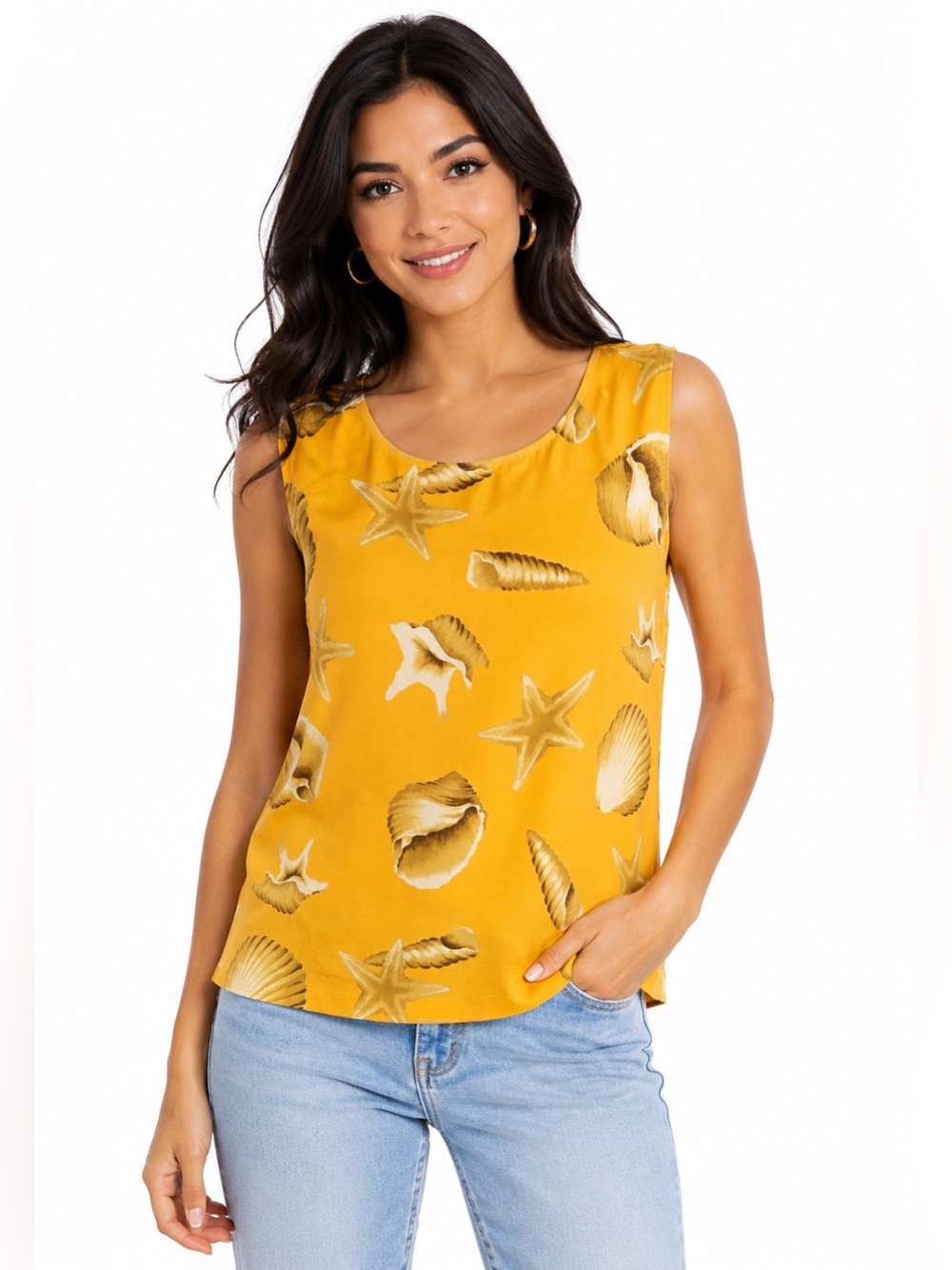 Vintage 90s Adrienne Vittadini Silk Seashell Tank Top Medium Yellow Beach Print